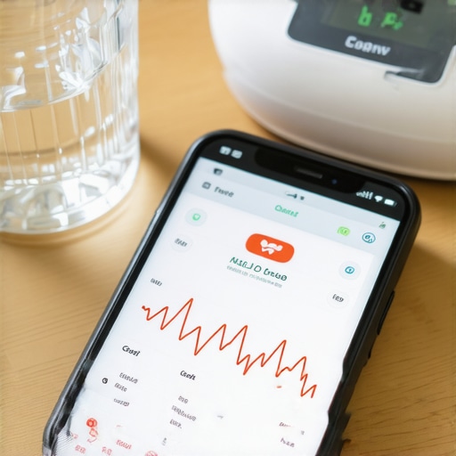 Proactive Health Monitoring Tools Smartphone health app showing data trends next to a digital blood pressure monitor on a wooden desk.