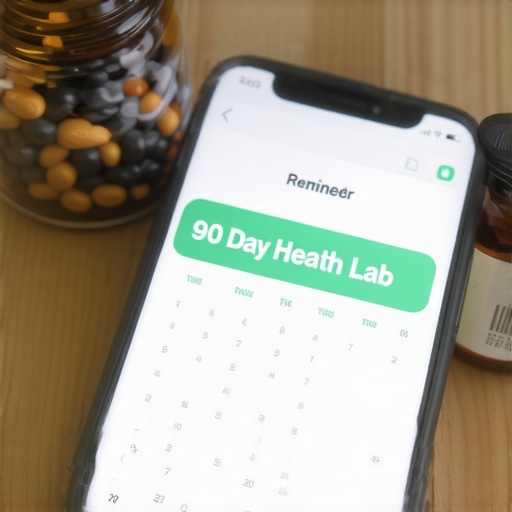 A smartphone calendar showing a reminder for iron lab tests with supplements nearby