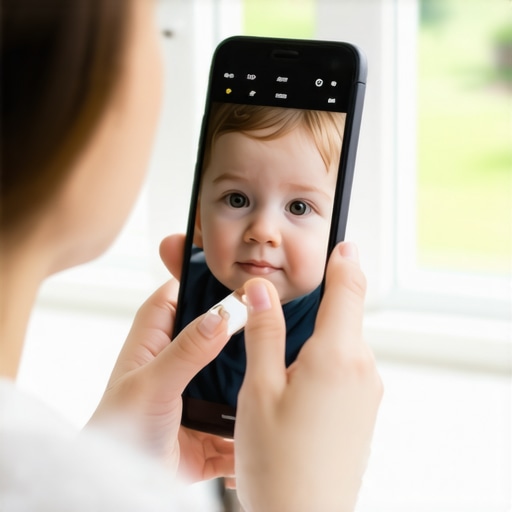 A parent assisting a doctor during a pediatric telehealth appointment using a smartphone and bright lighting.