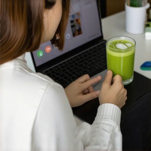 A woman discussing her diet and skin health with a professional via a virtual telehealth appointment.