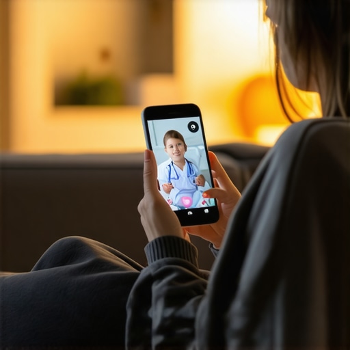 Telehealth consultation for a sick child at night A mother using a smartphone for a virtual doctor visit to check her toddler's fever at home.
