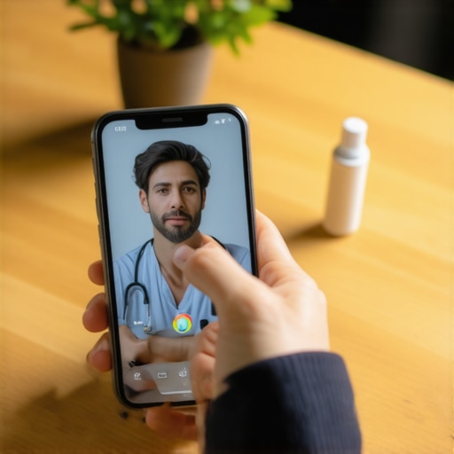 Telehealth consultation for asthma medication A person using a smartphone to talk to a doctor about an inhaler refill