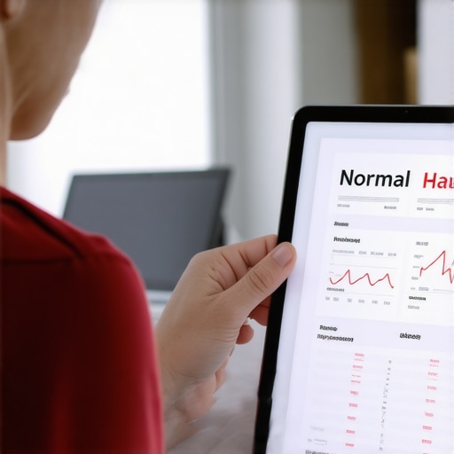 Digital medical report showing normal lab results with a fatigued person in the background.