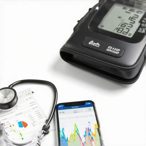 Smartphone displaying health data graphs next to a home blood pressure monitor