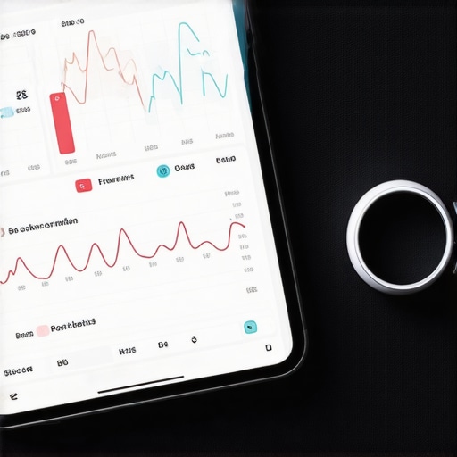 Digital health dashboard with blood work graphs and wearable technology for wellness monitoring.