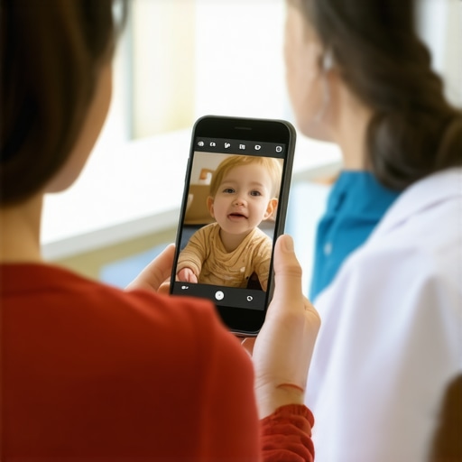 Using video evidence during a pediatric visit A parent showing a toddler's developmental progress on a phone to a doctor.