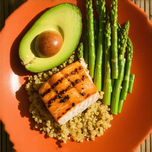 Vibrant naturally gluten-free meal with fresh salmon and vegetables A healthy gluten-free plate featuring grilled salmon, avocado, and asparagus representing a whole-food approach to nutrition.