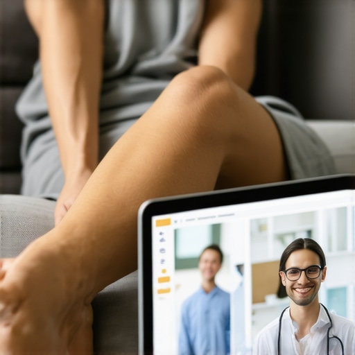 Virtual Orthopedic Consultation for Joint Pain A patient getting a specialist referral for knee pain during a virtual doctor appointment on a laptop.