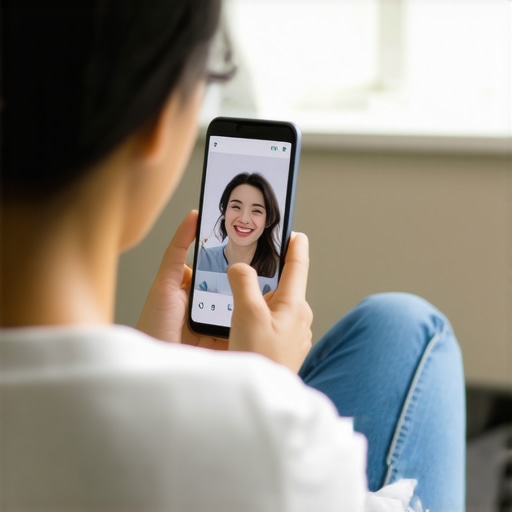 Virtual mental health support session A person using a smartphone for a virtual therapy session in a comfortable home setting